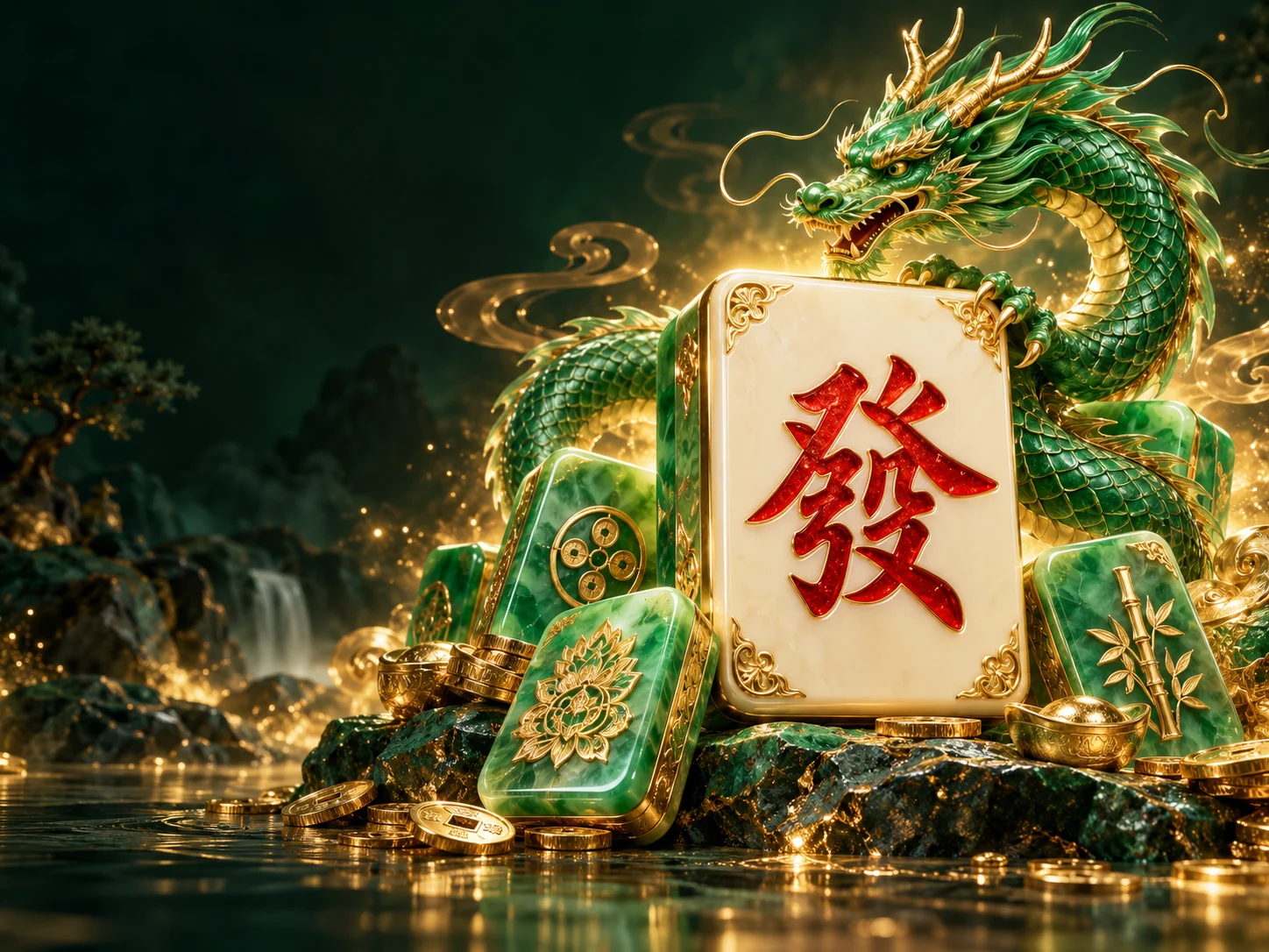 翡翠绿龙环绕金色麻将牌的游戏主题插画